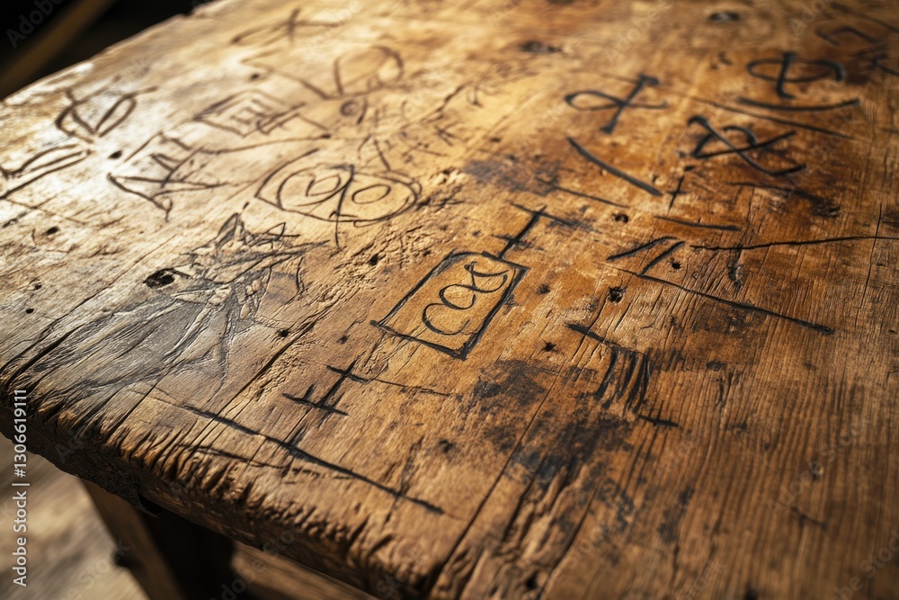 Engraved wooden surface showcases intricate markings and texture Engraved wooden surface showcases intricate markings and texture