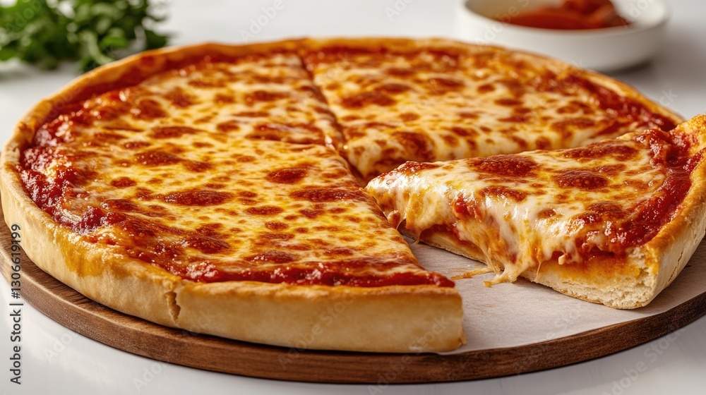 A delicious pizza with cut slices and melted cheese A delicious pizza with cut slices and melted cheese