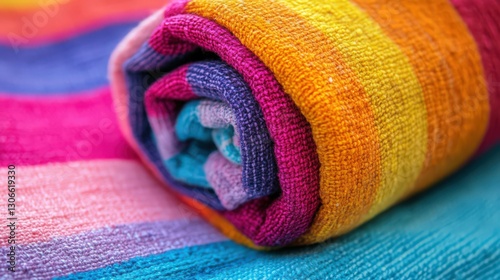 Rolled vibrant striped towel with intricate textures and a spectrum of colors