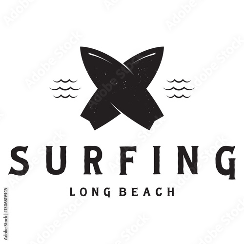 surfing logo with vintage paddle board beach waves, for business, sport, adventure, tourism, vacation