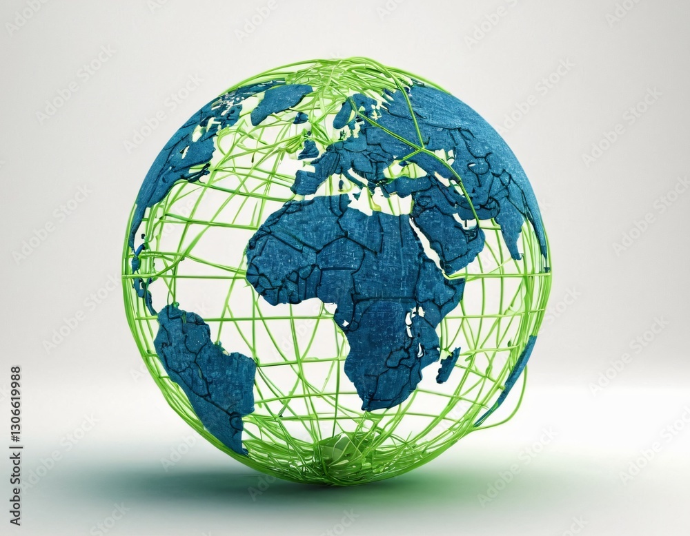 Stylized digital globe logo, featuring interconnected lines and dots to symbolize global connectivity and advanced technology, in cybernetic blue and digital green colors, white background Stylized digital globe logo, featuring interconnected lines and dots to symbolize global connectivity and advanced technology, in cybernetic blue and digital green colors, white background