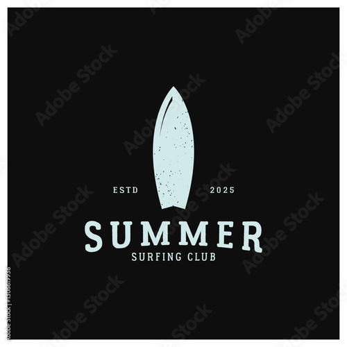 surfing logo with vintage paddle board beach waves, for business, sport, adventure, tourism, vacation