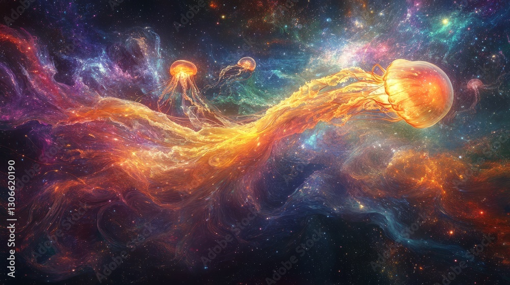 Fototapeta premium Glowing jellyfish drifting through cosmic waters, ethereal tendrils trailing stardust, peaceful and majestic, fantasy art, ultra-detailed, 8k