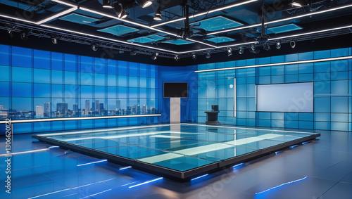 Room Studio, Backdrop For TV Shows .TV On Wall.3D Virtual News Studio Background, 3d illustration