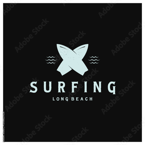 surfing logo with vintage paddle board beach waves, for business, sport, adventure, tourism, vacation