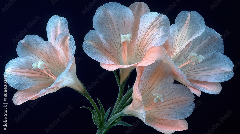 Fototapeta premium A clear glass vase holds three delicate pink flowers, their soft petals gently unfurling. The vibrant blooms are complemented by lush green leaves, creating a charming centerpiece.