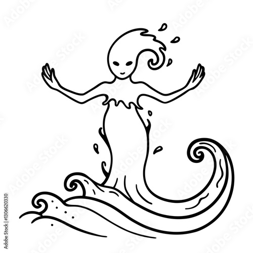 stylized water spirit illustration with flowing waves and fluid motion minimalist design of mythological aquatic figure in black and white