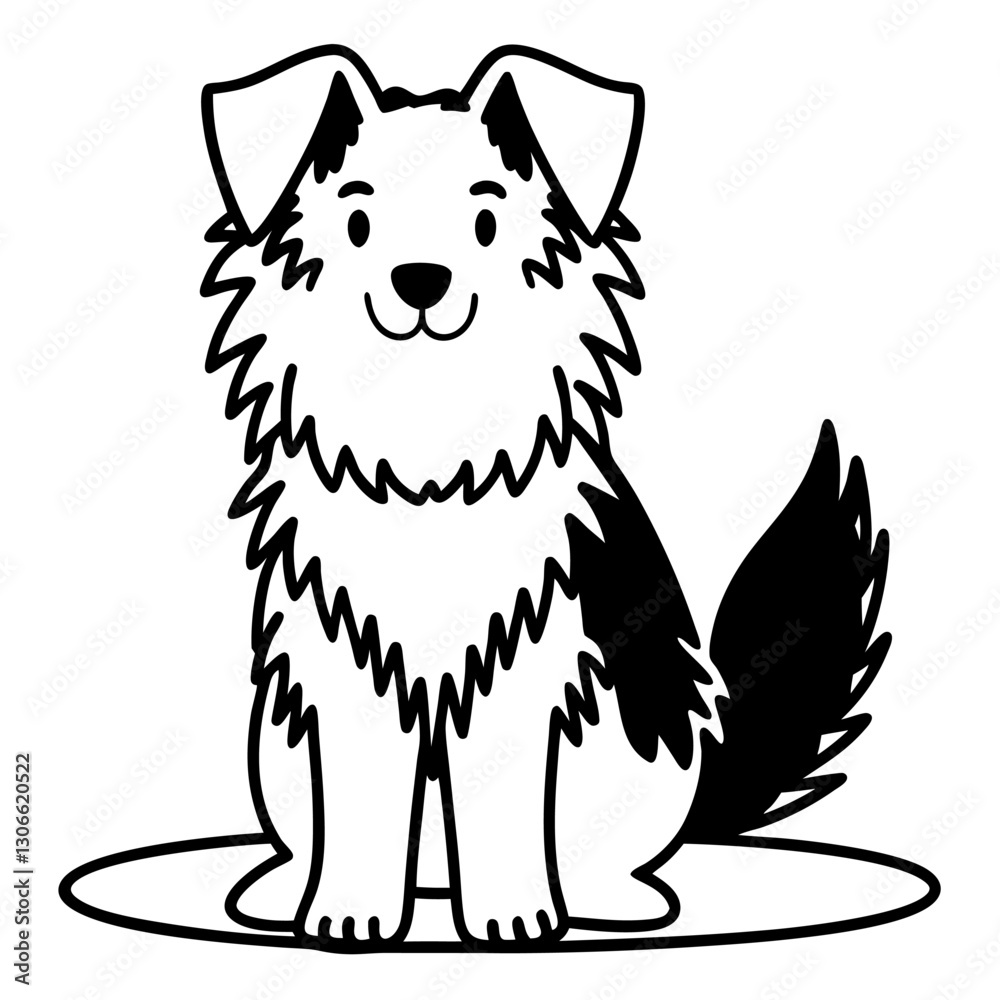Smiling dog with fluffy fur sitting happily on white background Smiling dog with fluffy fur sitting happily on white background