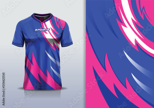 T-shirt mockup abstract curve line sport jersey design for football, soccer, racing, esports, running, in blue pink color