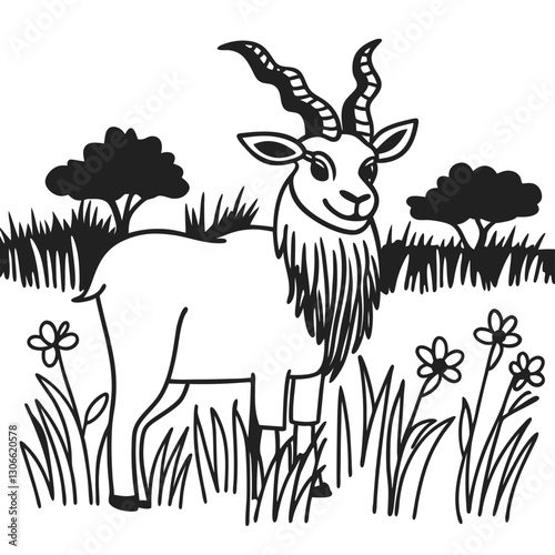 Smiling goat in meadow with horns and beard, surrounded by flowers and trees, black and white illustration