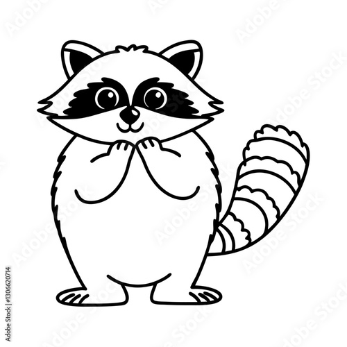 Cute raccoon illustration black and white adorable wildlife character with bushy tail and playful expression