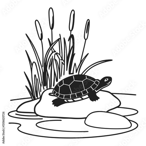 Turtle basking on rock by water with reeds simple black and white line art nature scene