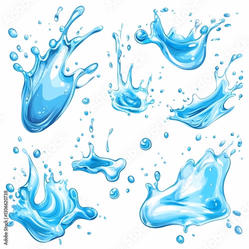 Wallpaper Mural Liquid water splashes, falling aqua drops, vector cartoon set on a white background Torontodigital.ca