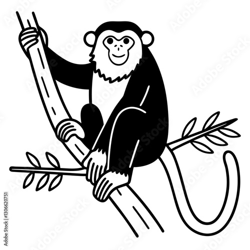 Monkey perched on tree branch black and white line illustration wildlife, nature, playful primate