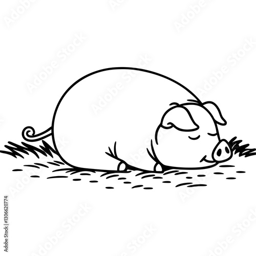 Sleeping pig, peaceful animal resting in grass cute, illustration farmyard livestock serenity