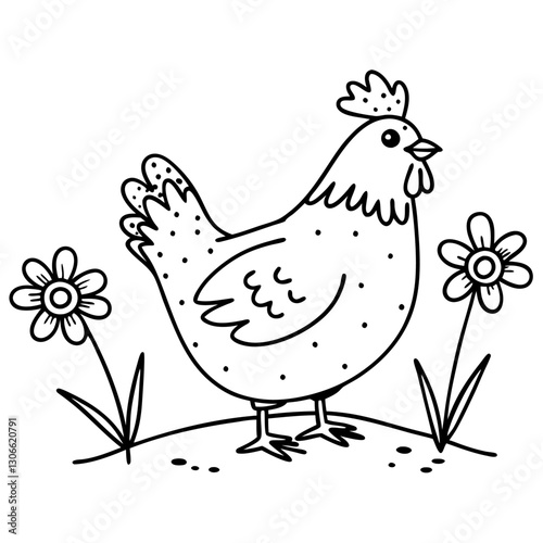 hen in garden with flowers, black and white line art, farmyard illustration