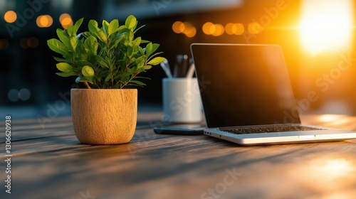 Corporate auditors workspace showcasing sustainability reports and eco-friendly materials with digital devices highlighting green practices