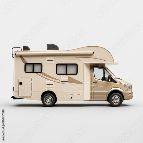 Vintage camper van with classic design on white background