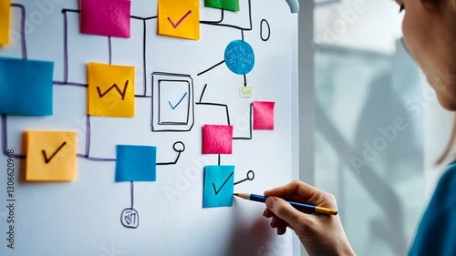 Woman creating project workflow flowchart with sticky notes for planning execution