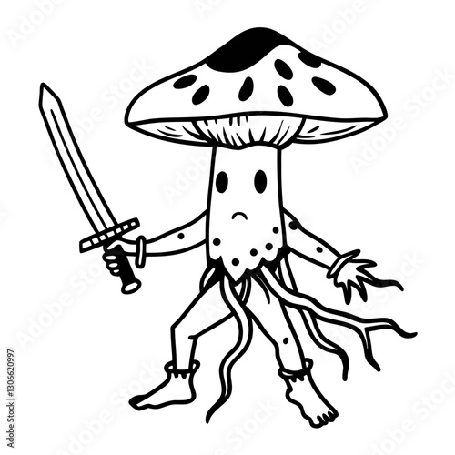 Mushroom warrior unique character, sword wielding fungi, playful fantasy drawing