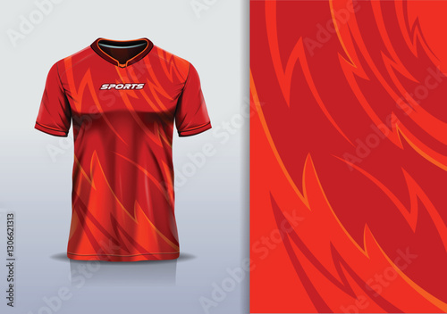 T-shirt mockup abstract curve line sport jersey design for football, soccer, racing, esports, running, in red orange color