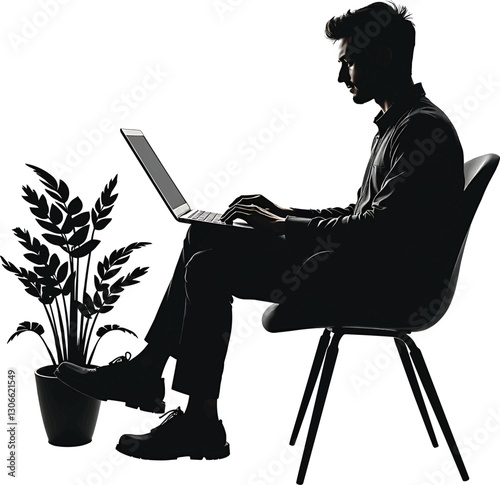 Silhouette of a man working on a laptop in a comfortable chair.