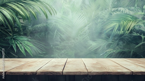 Wooden Table in a Misty Tropical Jungle Setting