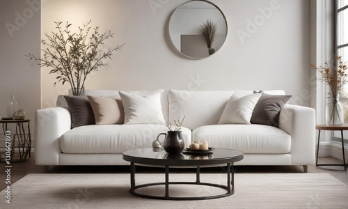 Stylish white sofa featuring an array of plush pillows and a glass vase with minimalistic twig decoration on a round coffee table, sophisticated living room, cozy atmosphere, trendy decor