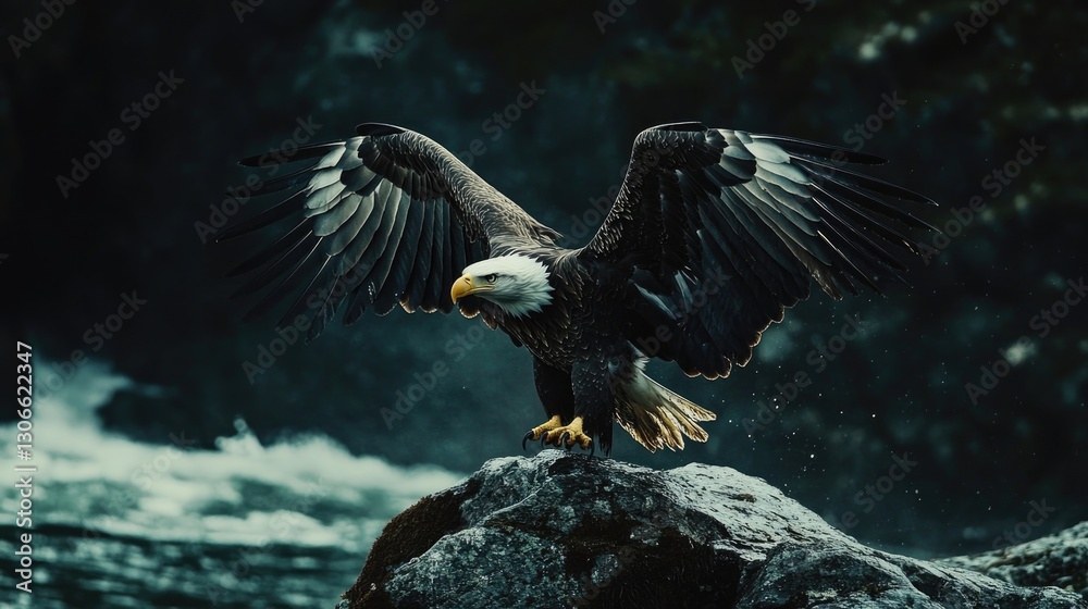 Fototapeta premium A majestic eagle perched on a rock with outstretched wings