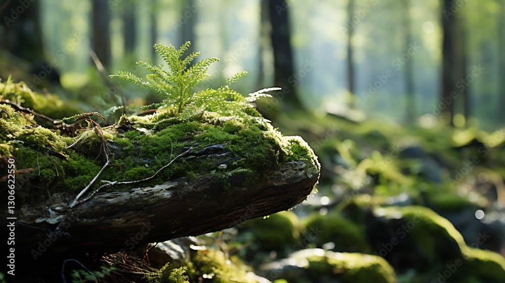 Sunrise Fern Sprout on Mossy Forest Rock. Sunrise Fern Sprout on Mossy Forest Rock.