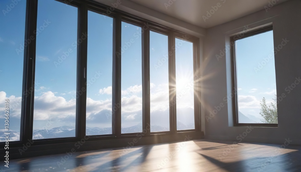 Obraz premium Sunlight filtering through window onto blue sky outside, sunbeam, glow, warmth