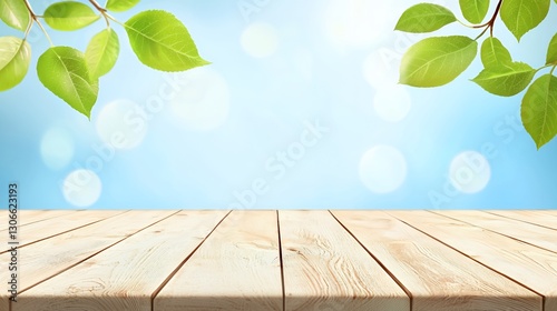 Wooden Table with Green Leaves and Bokeh Background