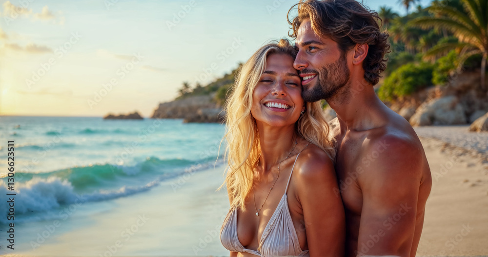 jeune couple amoureux en vacances au bord de la mer sur une plage paradisiaque pour leur lune de miel jeune couple amoureux en vacances au bord de la mer sur une plage paradisiaque pour leur lune de miel