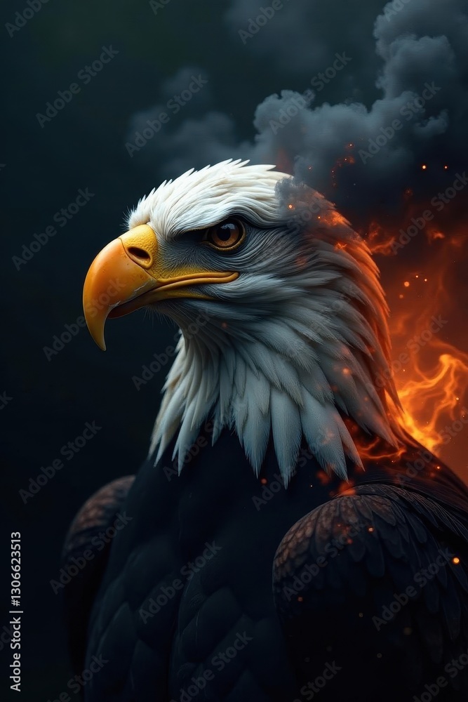Fototapeta premium Close-up eagle head engulfed in ominous black smoke, black, stock, smoke