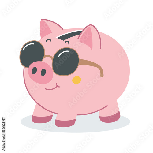 Vector illustration of a cute pig in sunglasses under the sun, a concept for summer, vacation, and relaxation.