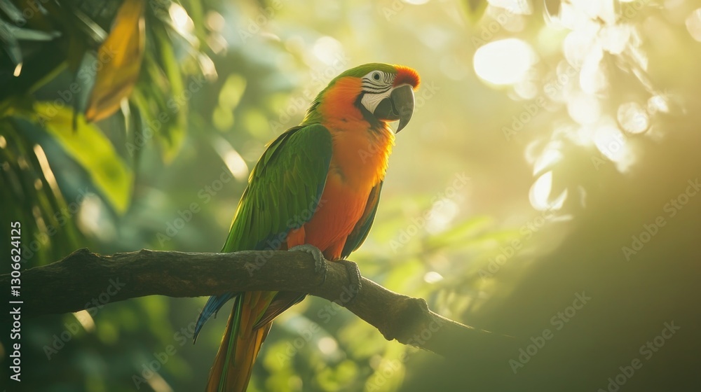 Obraz premium A colorful parrot sits perched on a tree branch in sunlight