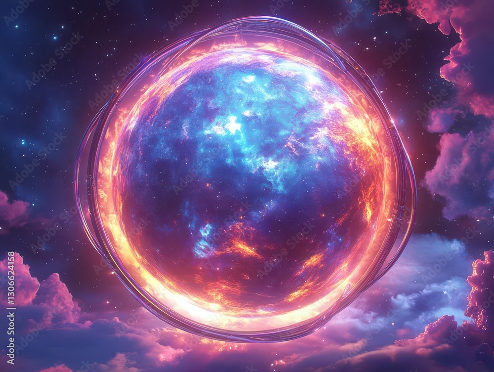 Obraz premium Craft a gigantic, luminescent orb suspended in the cosmic abyss, radiating vivid space hues, encased by celestial hoops, science fiction, ultra-realistic digital illustration