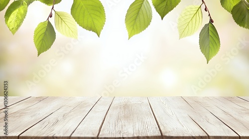 Wooden Table With Green Spring Leaves and Soft Focus Background