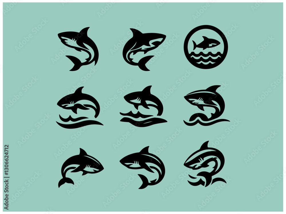 Shark logo collection: Nine powerful vector designs for branding. A collection of nine stylized shark logos, set against a muted teal background. Shark logo collection: Nine powerful vector designs for branding. A collection of nine stylized shark logos, set against a muted teal background.
