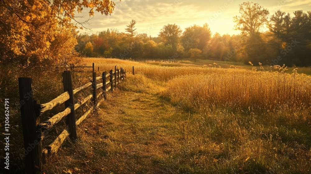 Obraz premium A serene autumn field with a rustic wooden fence,