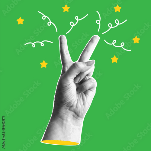 Trendy halftone collage banner with victory hand. Optimism concept.. Modern retro style. Vector illustration.