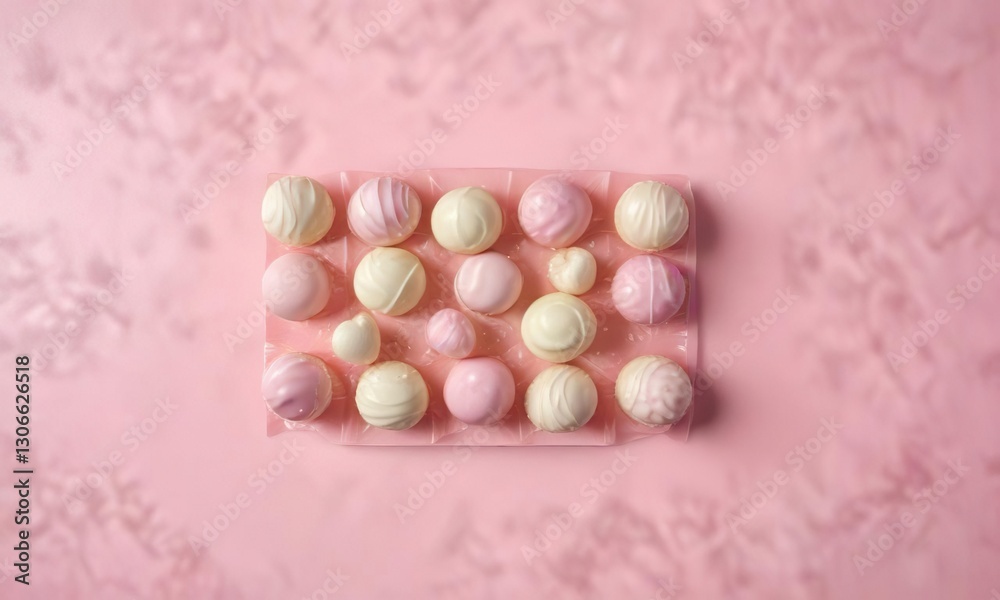 Top view of fancy white chocolate candies on pastel pink backdrop, event planning, party favors, stylish Top view of fancy white chocolate candies on pastel pink backdrop, event planning, party favors, stylish