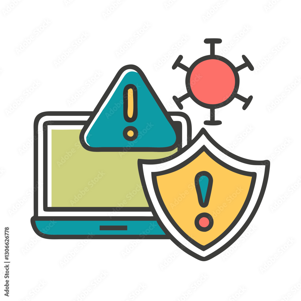 Illustration of a laptop with warning signs and a shield indicating cybersecurity threats Illustration of a laptop with warning signs and a shield indicating cybersecurity threats
