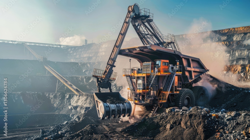 Massive Hydraulic Shovel with Metal Bucket Scooping Black Coal Massive Hydraulic Shovel with Metal Bucket Scooping Black Coal