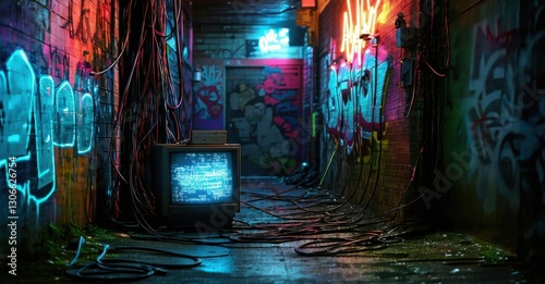 Neon streaked urban alley old crt television flickering static surrounded graffiti tangled cables