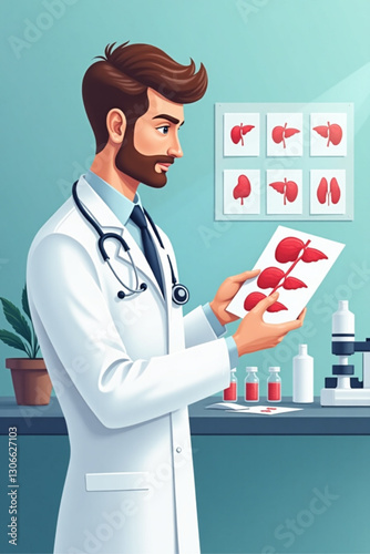 Male Doctor Analyzing Liver Disease Pathology Lab Results in Medical Office | Professional Physician Reviewing Test Results | Healthcare Diagnosis & Treatment in Clinical Setting