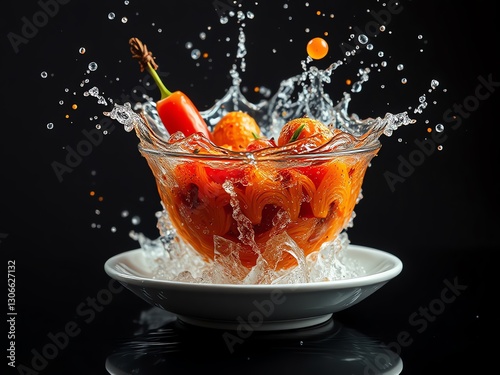 an image of a bowl of food with water splashing on it, there is a bowl of food with water splashing on it photo