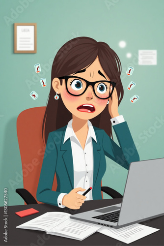 Stressed Businesswoman Overwhelmed by Workload at Office Desk | Deadline Pressure, Anxiety, Burnout | Modern Corporate Vector Illustration for Presentations & Marketing