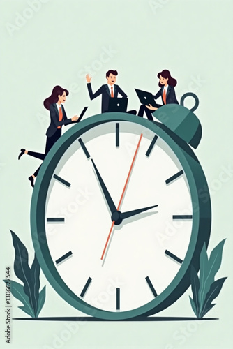 Stressed Business People Working Late on Giant Clock - Overworked Professionals, Deadline Pressure, Time Management Crisis, Corporate Burnout, Office Vector Illustration