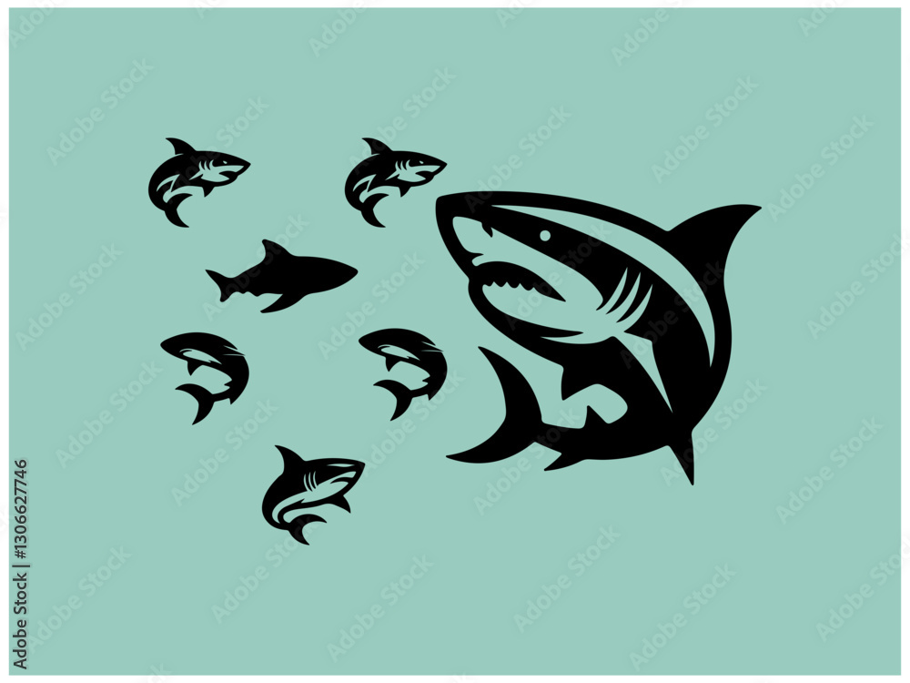 Fototapeta premium Shark logo collection: Nine powerful vector designs for branding. A collection of nine stylized shark logos, set against a muted teal background.